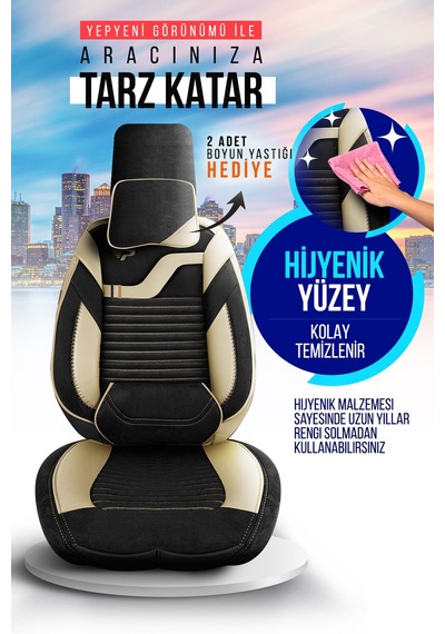 Siyah - Bej Garni Panda Boston Serisi Velucantra Kumaş Oto Koltuk Kılıfı - Tam Set