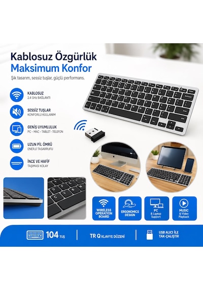 Apple Macbook Air 13.3" M1 Uyumlu Kablosuz Klavye Mouse Seti Mouse Pad li 3'lü Ofis Seti Diğer