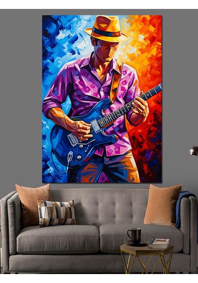 Ahşap Tablo Mavi Şapkalı Elektro Gitar Çalan