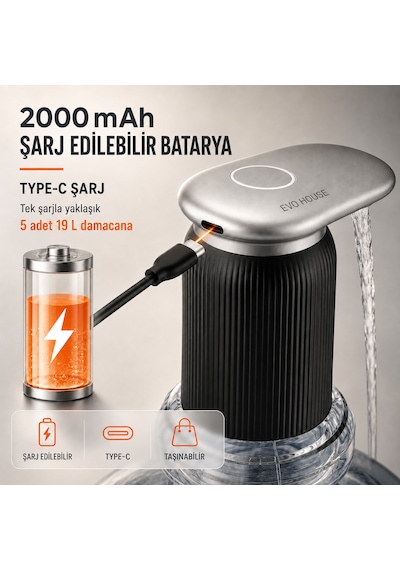 Ultra Sessiz Şarjlı Otomatik Damacana Su Pompası Yüksek Hızlı Akış 2000mah Pil Siyah