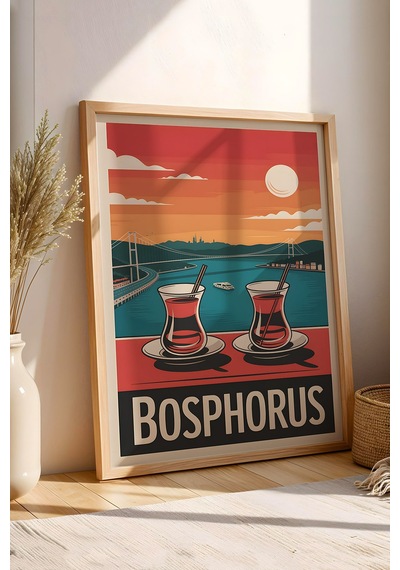 İstanbul Boğazı Tablo - Bosphorus Retro Travel Poster - Çay Keyfi Manzaralı Duvar Dekoru - Çerçeveli Kayın