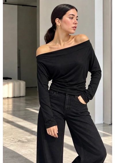 Bb Butik Basic Kadın Madonna Yaka Dökümlü Modal Uzun Kollu Bluz My3535 siyah