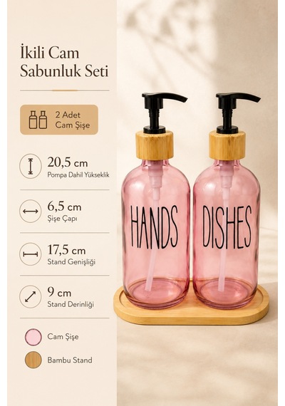 Relly Bambu Standlı İkili Cam Sabunluk Seti 2 X 500 Ml Hands & Dıshes Pembe