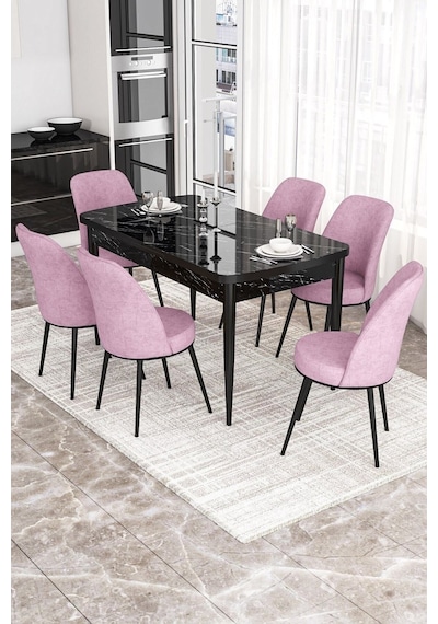 Canisa Kor Serisi, Siyah Mermer Desen 70x114 Açılabilir Yemek Masası Takımı, 6 Sandalye Masa Siyah Mermer Desen Sandalye Pembe Canisa Kor Serisi, Siyah Mermer Desen 70x114 Açılabilir Yemek Masası Takımı, 6 Sandalye Masa Siyah Mermer Desen Sandalye Pembe