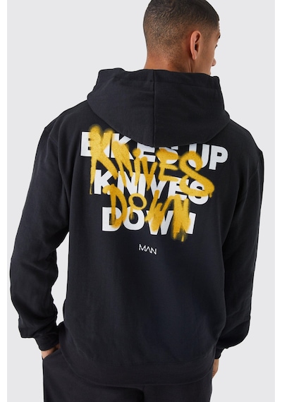 Unisex Knives Down Basklı Kapşonlu Oversize Sweatshirt Siyah