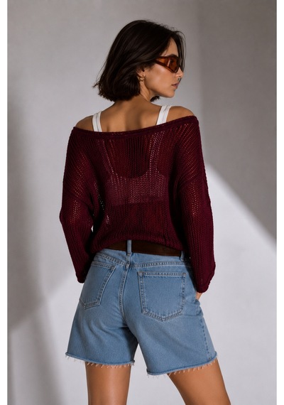 Bisou Siyah Ajurlu Triko Kazak Kayık Yaka Oversize İnce Örgü Yazlık Mevsimlik Bluz Bordo