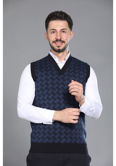 Kzc Tekstil Erkek Baba Ve Orta Yaş Desenli Akrilik Kalın Dokulu V Yaka Triko Süveter Lacivert