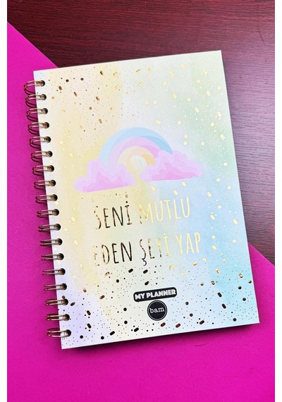 Mutlu Eden Şeyi Yap Tasarımlı Spiralli Sticker'lı Tarihsiz Konuşan Ajanda Haftalık Planlayıcı Defter renkli