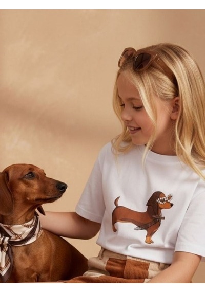 Zekids Kız Çocuk Köpek Baskılı Taş Detaylı Tasarım T-shirt-17187 Beyaz