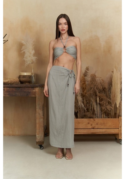 Mai Collection Mai Studios Co. Lovina Çizgili Gri Crop Etek Takım Gri