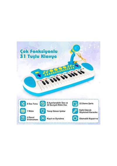 Çocuk Piyano Org Seti Mikrofonlu Tabureli - 31 Tuşlu Işıklı Sesli Eğitici Müzik Aleti Oyuncağı