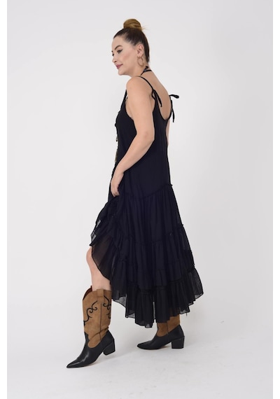 Bohem Stil Özel Tasarım Ham Keten Kadın Etnik Model Carmen Elbise -iç Astar Siyah