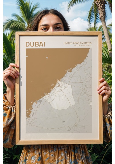 Dubai Bae Uae Şehir Haritası Çerçeveli Tablo Lüks Salon Ofis Duvar Dekorasyonu Hediyelik Tablo Kayın