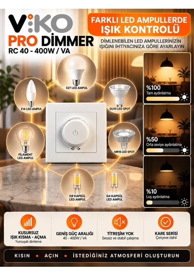 Led Ampule Uyumlu Pro Dimmer Titreme Yapmaz Beyaz Çerçeve Dahil Viko