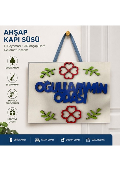 Ahşap Dekoratif Kapı Süsü Oğullarımın Odası Çok Renkli