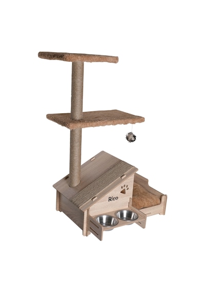 Çok Amaçlı Katlı Kedi Evi-isim Baskılı-ahşap Mdf-tırmalama Çubuklu-kahverengi-çelik Kase-2 350