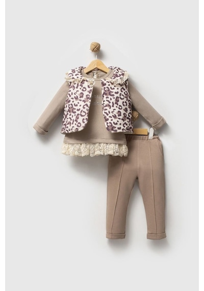 Miniğimin Cicileri Leopar Şişme Yelekli Güpür Detaylı Kız Bebe 3 Lü Takım - Kahve Köpüğü Miniğimin Cicileri Leopar Şişme Yelekli Güpür Detaylı Kız Bebe 3 Lü Takım - Kahve Köpüğü