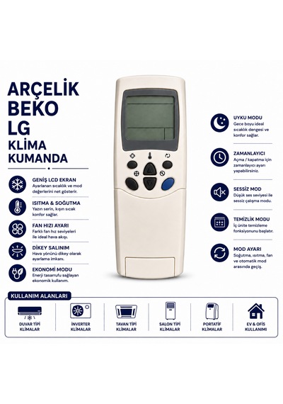 Arçelik Beko Lg Klima Kumandası Lcd Ekranlı Isıtma Soğutma Fan Mod Zamanlayıcı Yedek Kumanda