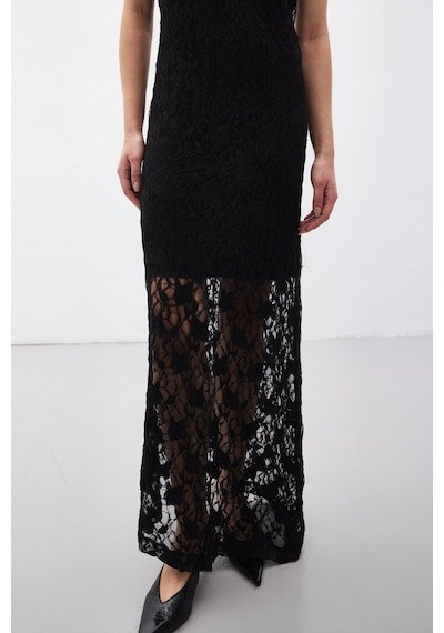 Sateen Dantel Kolsuz Elbise - Siyah-137060 Siyah