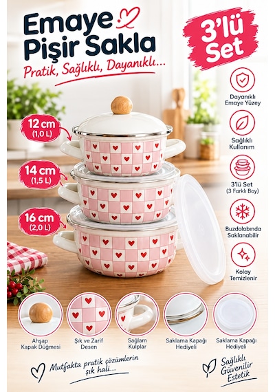 Kalpli 3lü Pişir & Sakla Emaye Tencere Seti 12-14-16 Cm Pembe Alv038
