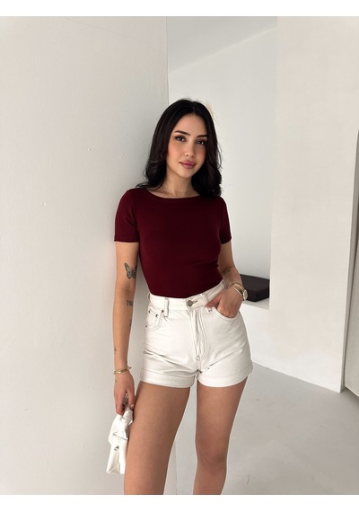 Elaxi Kadın Kısa Kollu Kayık Yaka Buzy Kumaş Tişört Bordo