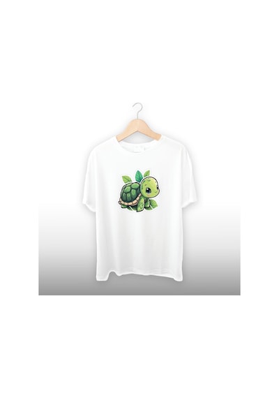 Kaplumbağa Detaylı Unisex Tişört Beyaz