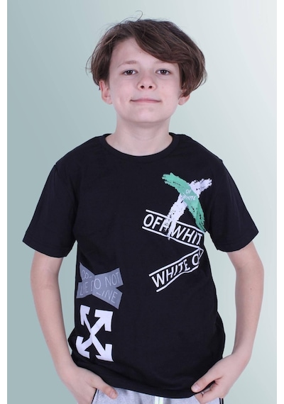 Panios Kids X Baskılı Sıfır Yaka Erkek Çocuk Siyah T-shirt Siyah