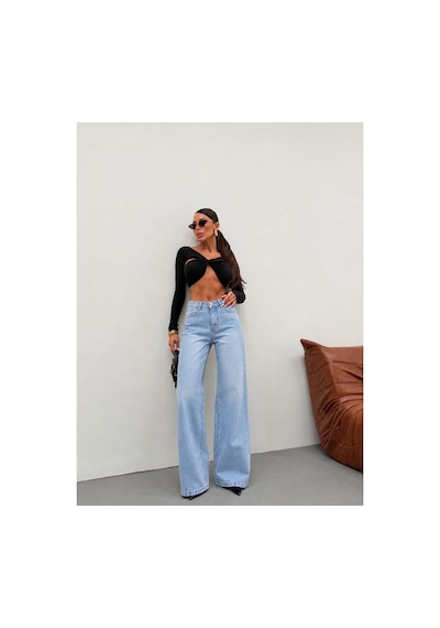 Kene Jeans Kadın Wide Leg Yüksek Bel Bol Paça Kot/denim Palazzo Pantolon Buz Kar