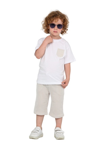 Erdem Kıds Erkek Çocuk Basic T-shirt Şort Çizgili Kaprili Yazlık 2'li Takım Bej Bej