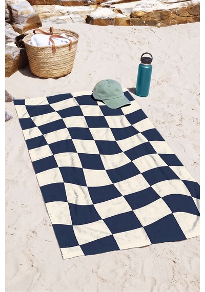 Damalı Dalgalı Modern Plaj Havlusu - Lacivert Ekru Minimalist Hızlı Kuruyan Mikrofiber Havlu Sedef Melisa