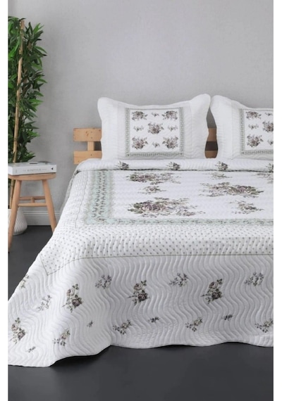 Çift Kişilik Microfiber Kapitone Yatak Örtüsü Glori A Kahve Flower Lila