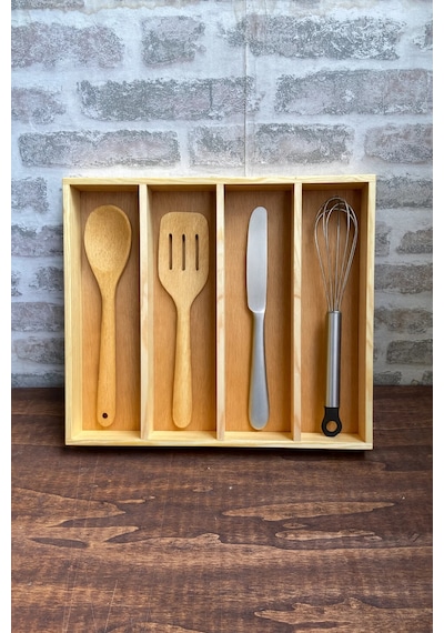 40x35 Cm Ahşap Kaşıklık Çekmece İçi Kepçe Maşa Ve Servis Gereçleri Düzenleyici Organizer Doğal Ahşap