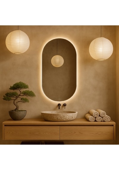 65x116 Cm Modern Oval Led Banyo Aynası Dokunmatik, Dim Edilebilir, 3000k Günışığı Sarı