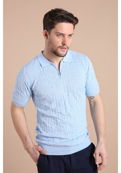 Ferraro Mavi Polo Yaka Fermuarlı Erkek Pamuk Triko T-Shirt-Mavi (417942609) Mavi