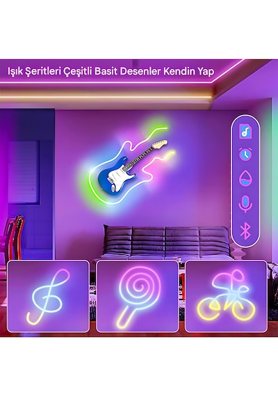 Rohs 5v Rgb Neon Şerit Led Lamba 5 Metre Kumanda İle Kontrol Sınırsız Renk Tak Çalıştır