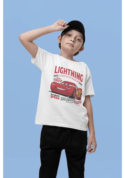 Sevbano Unisex Lightning Mcqueen Baskılı Arabalar Şimşek Çizgi Film Çocuk Beyaz