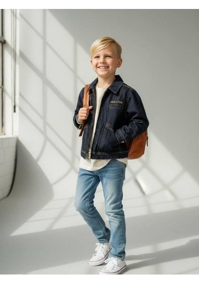 Zekids Erkek Çocuk Fermuarlı Tasarım Denim Ceket-16641 Renkli
