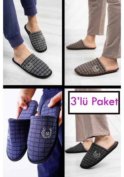 Stwenn 3'lü Erkek Ev Terliği Kışlık Terlik Misafir Terliği Yıkanabilir Ses Yapmaz Gri-kahve-haki