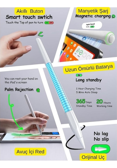 Apple Uyumlu iPad, Profesyonel Stylus Kalem Palm Rejection Özellikli Manyetik Şarj Aparatlı Pencil 2 Tablet Kalemi