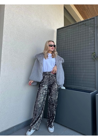 Keymoda Kadın Pullu Pantolon Gümüş Siyah