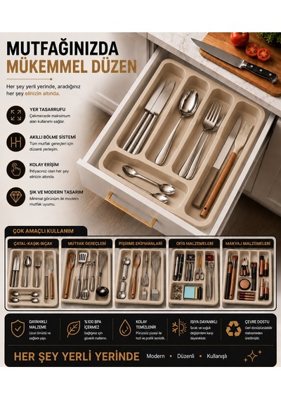 6 Bölmeli Çekmece İçi Kaşıklık, Plastik Çatal Bıçak Organizeri, Mutfak Düzenleyici Bej S-11003