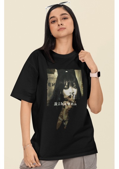 Sevbano Tasarım Rihanna Baskılı Unisex Oversize Şarkıcı Tişört Siyah