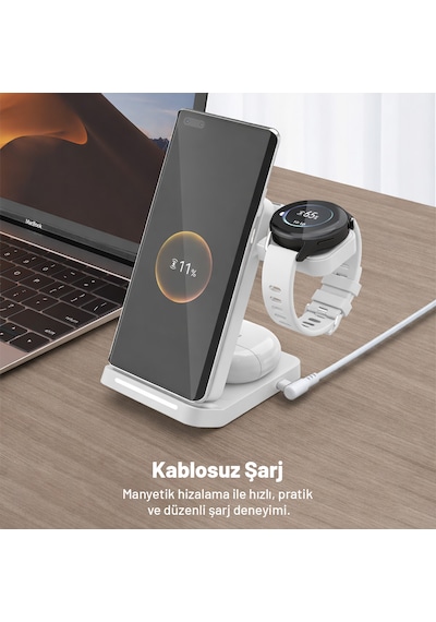 Woyax Wireless Kablosuz Şarj Standı Katlanabilir Huawei Watch Apple Uyumlu iPhone Android Telefon Saat Kulaklık Uyumlu 3in1 Beyaz