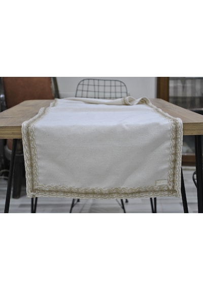 Dnc Home Tekstil Ndchome Özel Tasarım Organik Keten Krem Kum Rengi Dantelli Runner Masa Örtüsü 45 X 150 Krem