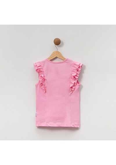 Overdo Kids Kız Çocuk Çiçekli Fırfırlı Kısa Kollu %100 Pamuklu T-shirt Pembe