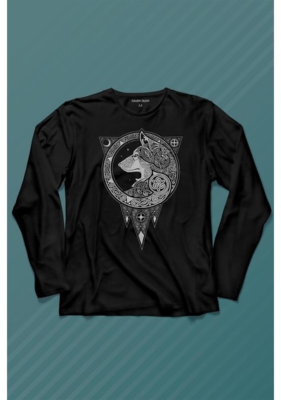 Kurt İşlemeli Dövme Wolf Silüeti Uzun Kollu Tişört Baskılı Çocuk T-shirt 001
