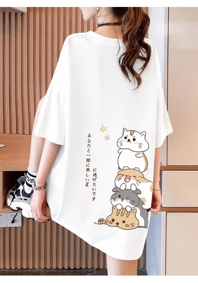 Harajuku Japon Yazılı Kedi Tasarımlı Unisex Oversize T-shirt Beyaz