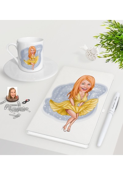 Kişiye Özel Marilyn Monroe Karikatürlü Beyaz Defter Kalem Türk Ka