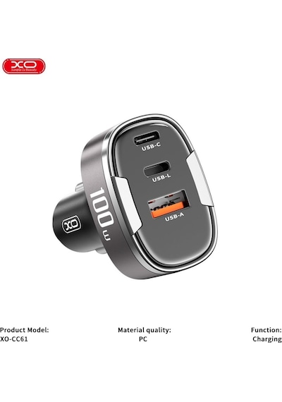 100w Pd Pps Hızlı Araç Şarj Aleti Type-c & Lightning & Usb-a 3 Portlu Voltaj Göstergeli Adaptör