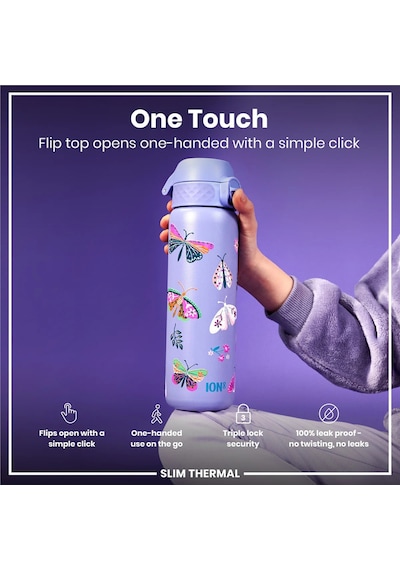 Ion8 - İnce Su Termosu - Kelebekler - 500 Ml - Sızdırmaz Çok Renkli